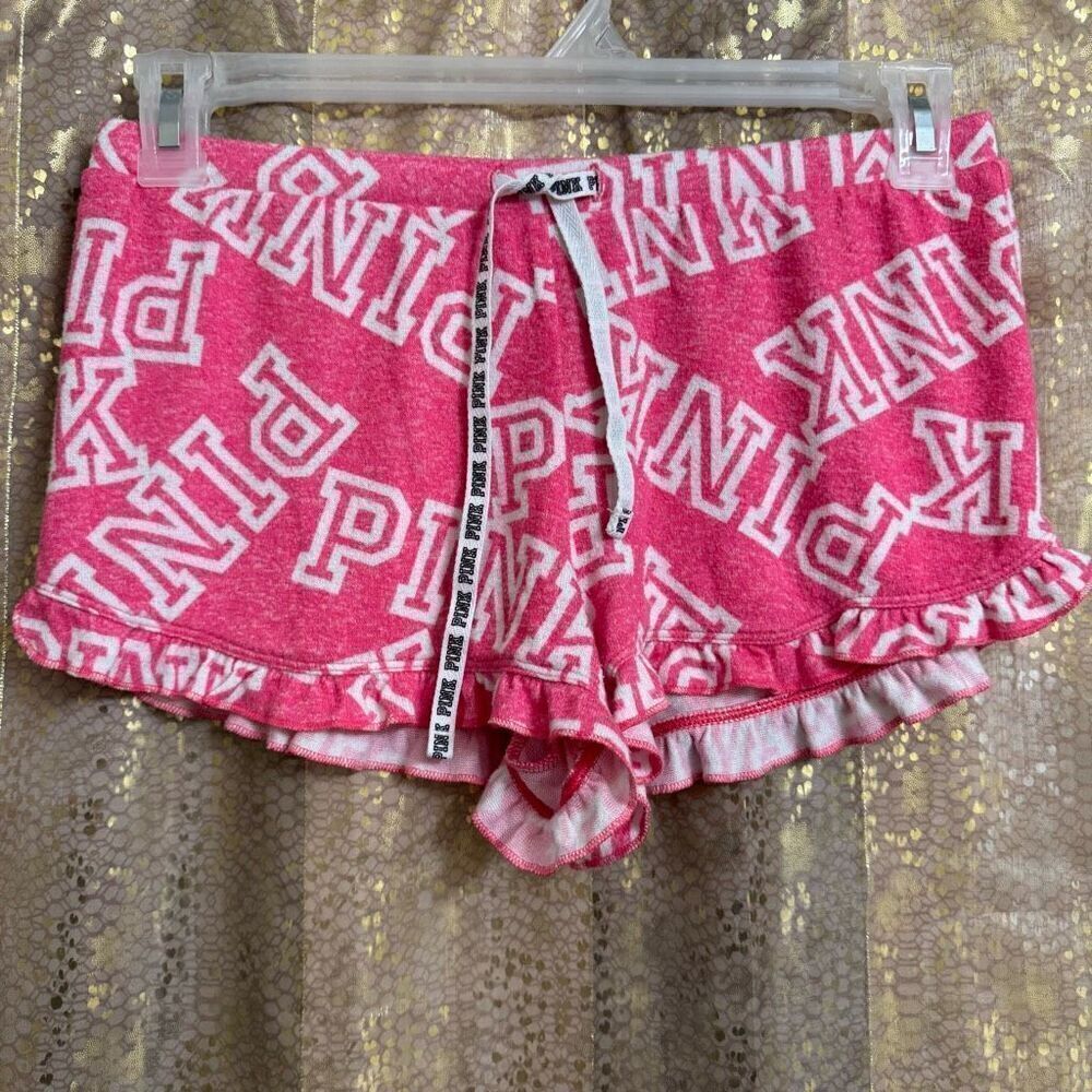 PINK Victorias Secret Hot Pink White Ruffle Pajama Lounge Shorts Small